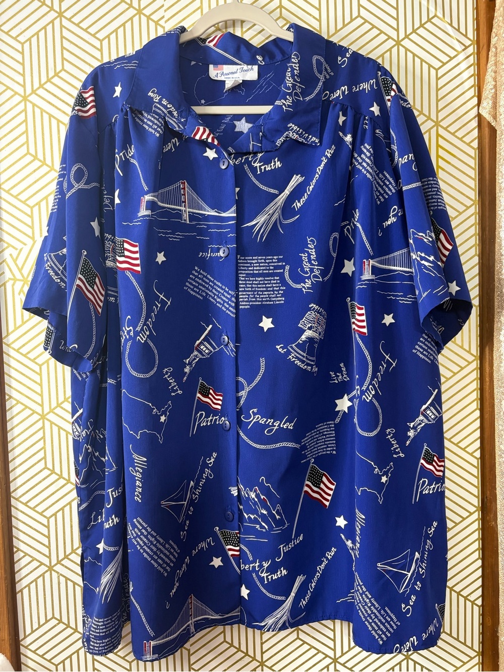 Patriotic Blue Short-Sleeve Button-Up Shirt 3XL